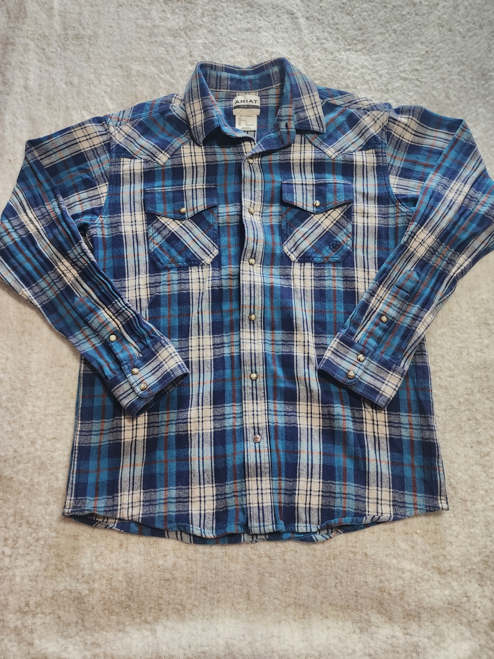 MoAriat Blue and White Plaid Pearl Snap Button-Down Western Shirt. Nashville,